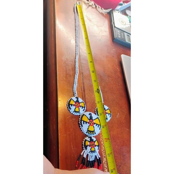 Vtg Native Handmade Seed Bead Medallion Necklace Thunderbird w/Fringe - Picture 10 of 12